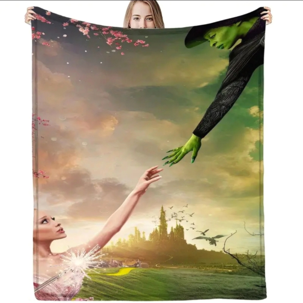 NEW Wicked Theme Flannel Blanket | Elphaba, Glinda & Oz | Ariana | Green & Pink